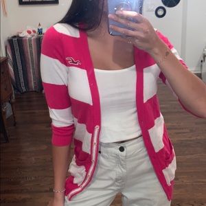 pink and white striped hollister cardigan